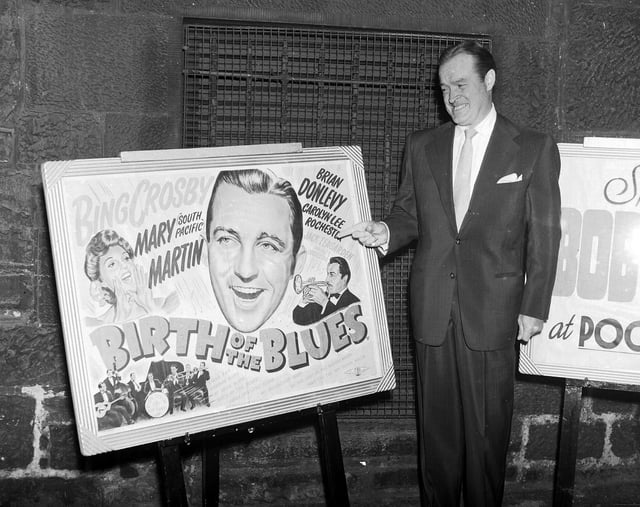 Bob Hope, who was in town for a show at the Usher Hall, shows what he thinks of a poster from a Bing Crosby film at Edinburgh's Pooles Cinema in 1952.