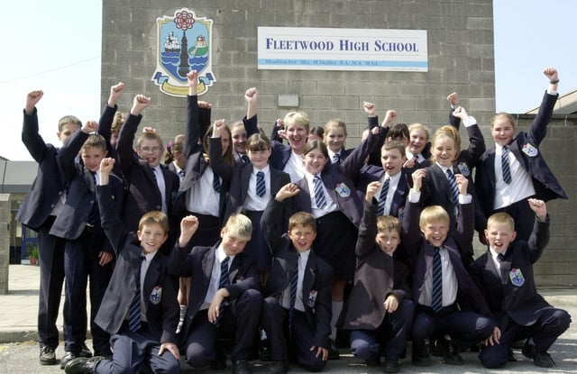 Fleetwood High School head teacher Margaret Dudley and pupils from year 7 were celebrating news that a new school was to be built on the Broadway site, 2001