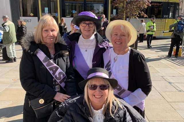 Susan Dutton (left), Mary Waterhouse (right) and Norma Elkington (front) with one of their fellow WASPI campaigners (centre)