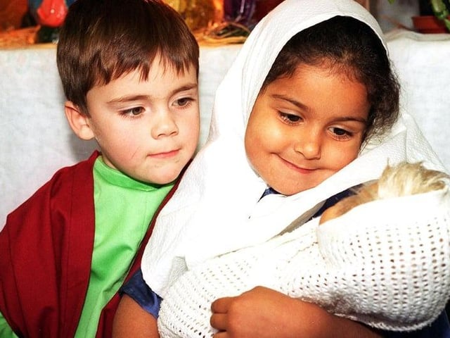 Christ the King RC School reception class, 1996. Bradley Stone as Joseph and Karmini Manivasan as Mary