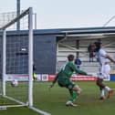 Ash Boatswain fires in his first goal for the Coasters. Picture: Steve Mclellan