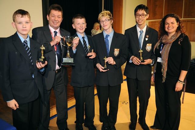 Pupils at Collegiate High School in Blackpool got a taste of Hollywood when the school held its annual Maths Oscars prizegiving assembly. The Warburtons trophy for Excellence in Maths presented to Graham Henderson (third left) by Warren Lee from the company, together with shortlisted pupils and Head of Maths Jenna Shawe