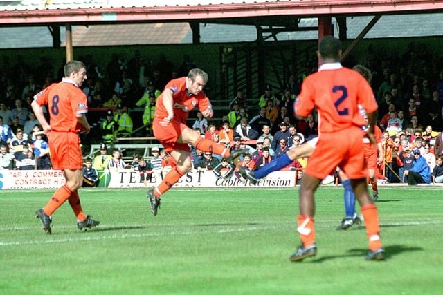 Gary Brabin blasting home his match-winning goal against Bristol Rovers in 1998