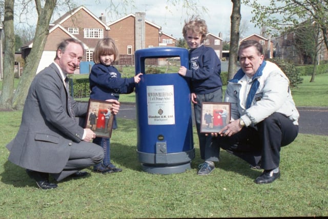Children from a Lancashire primary school are featured in a catalogue advertising litter bins which is being sent all over the world. For their help in a recent modelling assignment, Newton Bluecoats CE Primary School was presented with a special litter bin made by Glasdon in the resort. Pictured: At the presentation - left to right - are Steve Gray, of Glasdon, Christopher Gray, Alice Garside and Ian Nichol