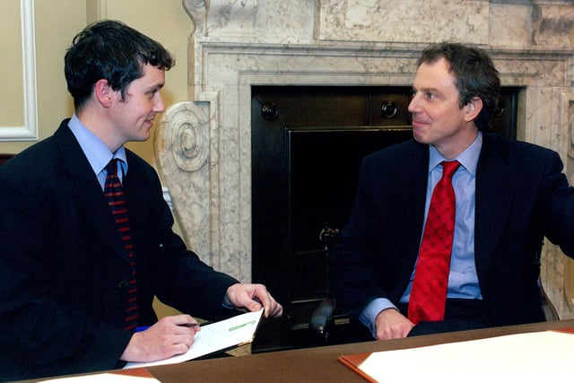 Former Blackpool Gazette reporter Austin Macauley interviewing Prime Minister Tony Blair when the Labour Party abandoned Blackpool as the venue for their party conference
