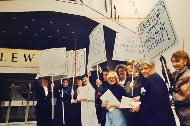 Staff from Lewis's protest over the buyout of the department store