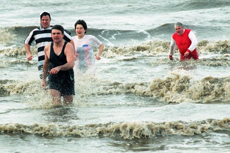 Hilton Dawson MP leads the swimmmers at Blackpool beach in 1998