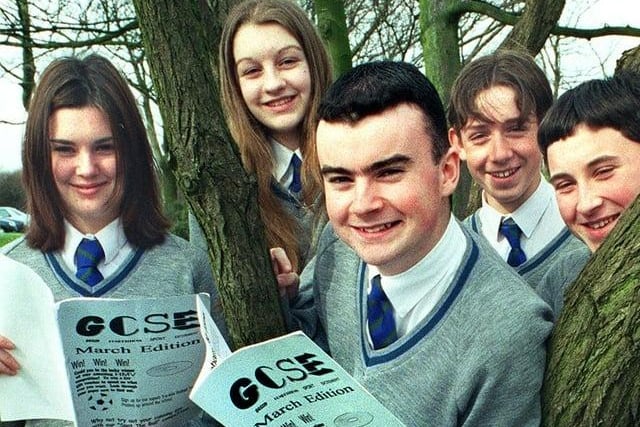 Year 10 business studies pupils branched out into journalism, by producing their own newspaper at St. Mary's RC High School. Pictured are Nicola Westhead, Danielle Lambert, Kenny Logue (editor), Paul Ronson and Sean Taylor