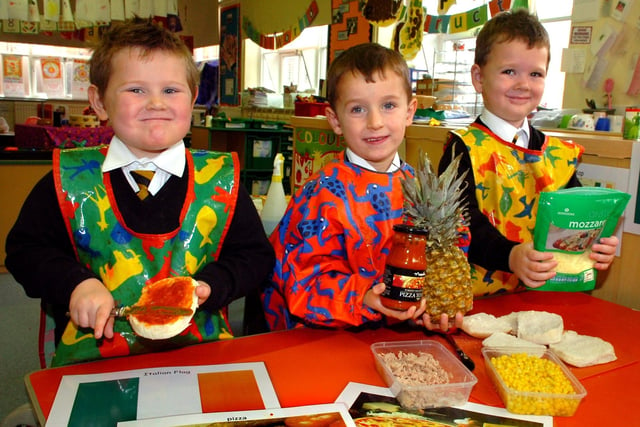 Reception class children at Chaucer Primary School, Fleetwood, preparing Italian food, to help with their geography knowledge. From left: Jake Clifford, Fraser Starkey, and Bobby-Jo Jackson, all aged four