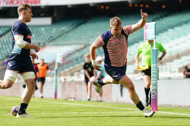 Fylde captain Ben Gregory scores for Lancashire in the County Championship final defeat by Kent at Twickenham