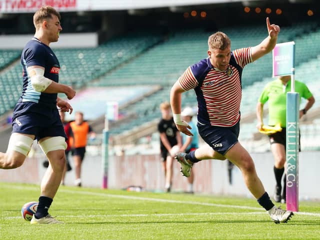 Fylde captain Ben Gregory scores for Lancashire in the County Championship final defeat by Kent at Twickenham