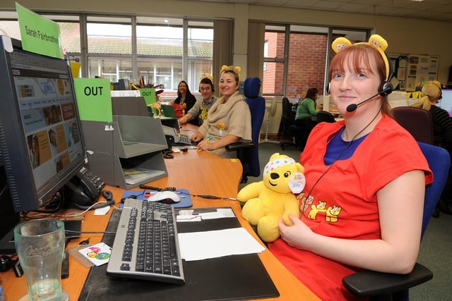 Staff at the DWP civil service call centre on Warbreck Hill volunteered their services on Children In Need evening to take phone donations. Pudsey helps out Sarah Fairbrother