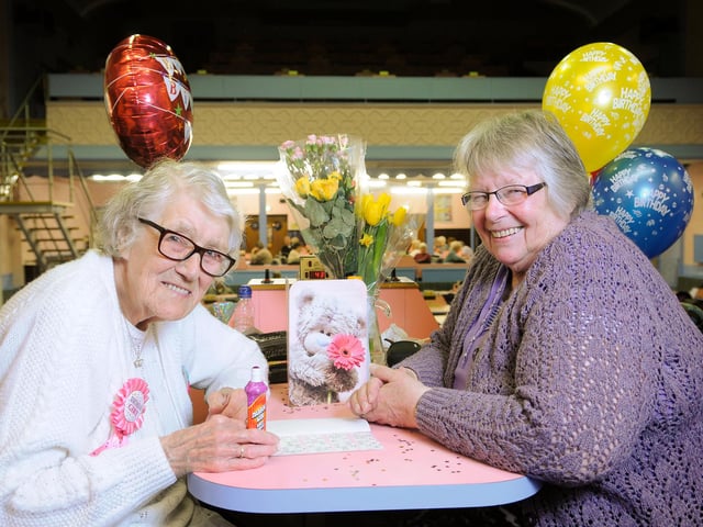 Martha Tomlinson celebrated her 102nd birthday at Empire Bingo with daughter Marian Gannon back in 1999