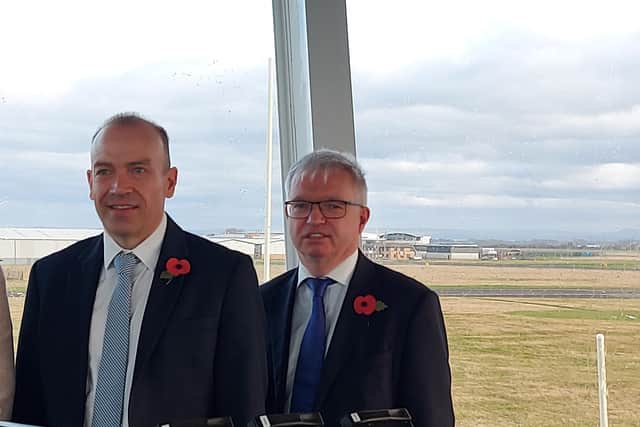 Secretary of State for Northern Ireland Chris Heaton-Harris (left) with Fylde MP Mark Menzies at Blackpool Airport.