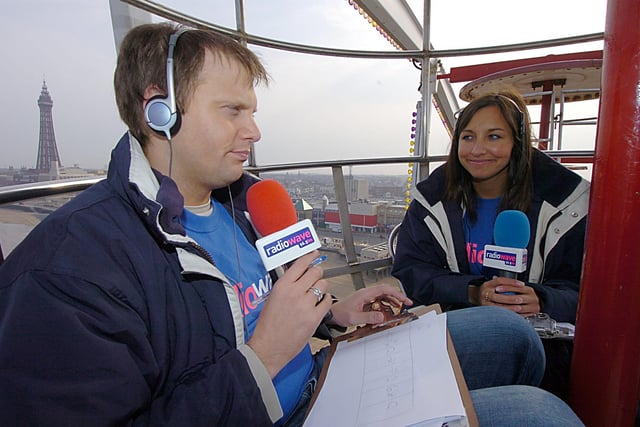 Radio Wave presenters Roy Lynch and Janine Jones broadcasting live from the top of the Big Wheel on Central Pier in 2006