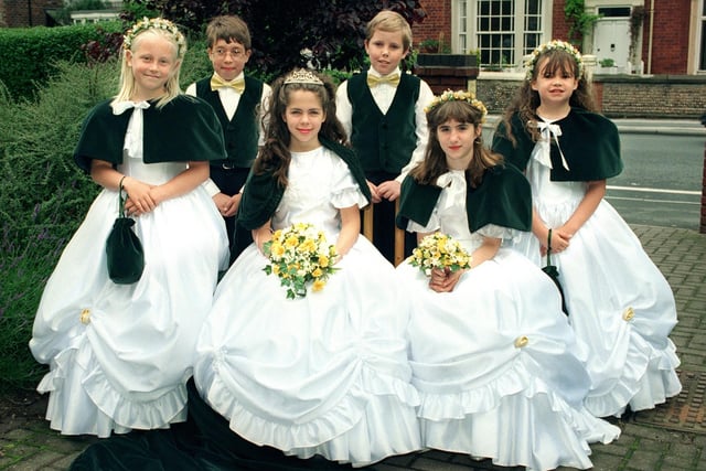 12 year old Helen Packer and her attendants from left, Natalie Bamforth, Samuel Thomson, Helen Packer, Adam Newby, Rhiannon Williams  and Gemma Miles, 1997