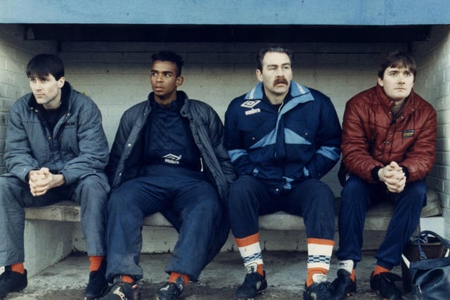Billy Ayre (second right) who was Blackpool FC manager in 1991, watches from the sideline with members of the squad