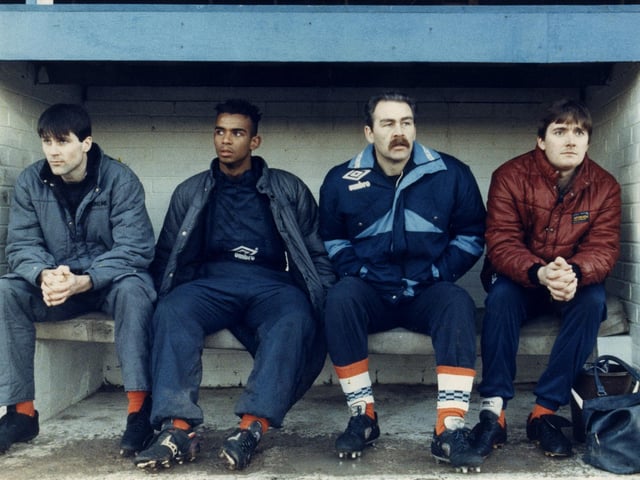 Billy Ayre (second right) who was Blackpool FC manager in 1991, watches from the sideline with members of the squad