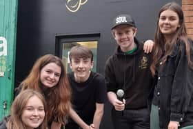 Members of Fylde Cost Youth Theatre getting ready for the show, from left: Abbie Bolton, Reese Hudson, Owen Dickinson, Luke Moore and Maisie Brook.