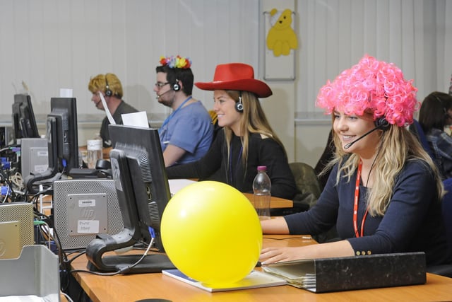 DWP staff at Warbreck House fundraised and answering phones for Children in Need.  Pictured are Gareth Carr, Dominic Smith, Hannah Taylor and Alysia Walsh