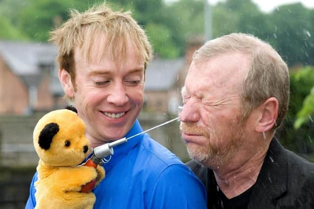 Presenters Matthew Corbett, right, and Richard Cordell celebrating Sooty’s 60th birthday in 2008. Photo by Richard Cadell/PA.