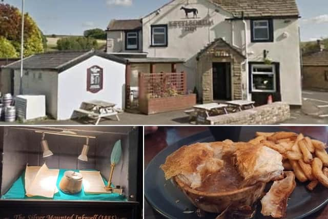 Kettledrum Inn, Burnley. Bottom left: One of the items displayed in the pub. Bottom right: Steak and ale pie