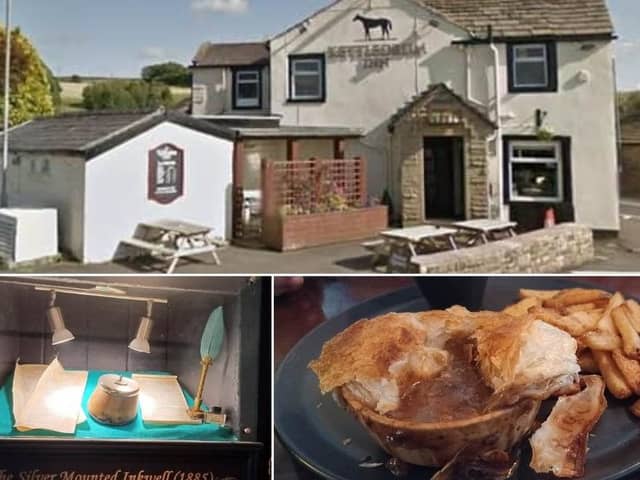 Kettledrum Inn, Burnley. Bottom left: One of the items displayed in the pub. Bottom right: Steak and ale pie