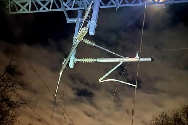 Network Rail said a vandals threw a log into the path of an oncoming train near Bolton, damaging a Northern train and a 25,000 volt overhead electric cable which powers trains. The damage has caused disruption on the line between Preston and Manchester today (Tuesday, March 15). Pic: Network Rail