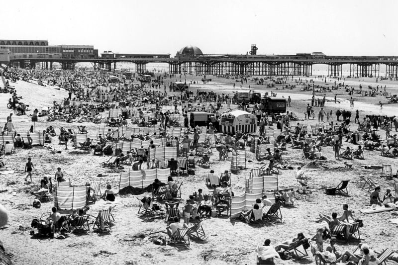 Blackpool's Central Beach with deckchairs and wind breakers pictured in the late 1970s when you could watch a hi-tech cinema show inside a domed tent on Central Pier