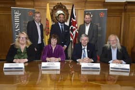 The first gathering of Lancashire's shadow combined county authority.  [Back row, left to right] - Alistair Bradley, Chorley Council leader; Mo Isap, chair of Lancashire Business Board; Stephen Atkinson, Ribble Valley Council leader; [front row, left to right] Cllr Lynn Williams, Blackpool Council leader, Phillippa Williamson, Lancashire County Council leader, Alan Vincent, deputy Lancashire County Council leader; Phil Riley, Blackburn with Darwen Council leader