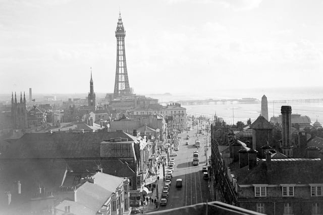 A view of Blackpool Tower looking south from the roof of the Regent Court flats in 1963. To the left of the Tower is the spire of the Town Hall (removed in 1966) and on the right is the Metropole Hotel complex.