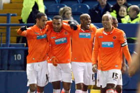 Blackpool celebrate Ludo Sylvestre's goal at Sheffield Wednesday