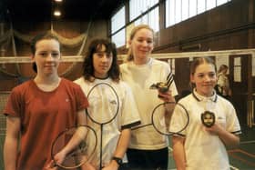 Blackpool Schools Badminton Championships, 2001. Top four girls in Under 14 girls doubles. L to R: Emily Berry and Laura Reilly (Runners-Up) Zoe Cook and Amanda Barrett (Winners)