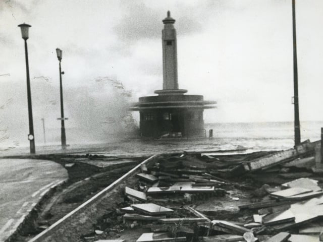 A scene in November 1977 looking towards Anchorsholme pumping station, showing the damage to the footpath by rough seas