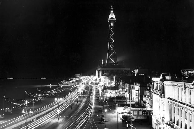 A view along Central Promenade towards Blackpool Tower during the Illuminations of 1949
