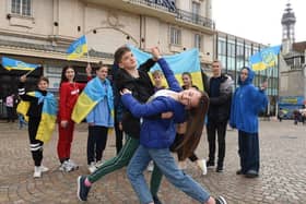 Bogdan Bilous and Yulia Olianishena put on a demonstration outside the Junior Dance Festival at the Winter Gardens in April 2022