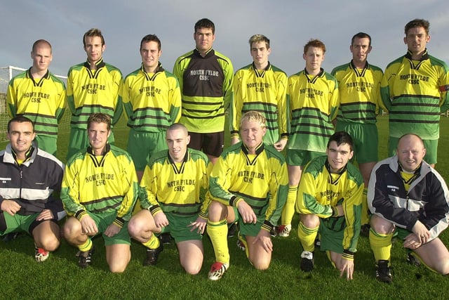 West Lancashire League match between Norcross & Warbreck (yellow and green strip) and Burnley Utd. Norcross team (front left to right): Mike Hartley, Simon Fleetwood, Steve Newton, Nick Devereaux, Mark Brooks, and David Cross. Back: Tony O'Kelly, Mark Jackson, James Mason, Andy Hill, Carl Holloway, Les Abbott, Phil Sumner, and Steve Hill
