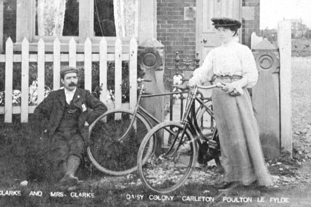 Lancashire author of Moorlands and Memories Allen Clarke and his wife Lila, with bikes, at Daisy Colony (agricultural co-operative) near Blackpool 1905