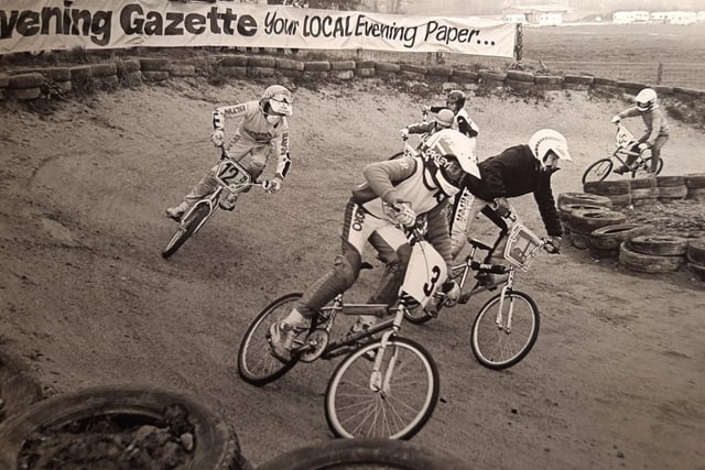 Youngsters fight it out for the lead during the fifth round of the BMX winter series in 1984