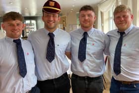 Four of Fylde RFC's Lancashire contingent: Debutants Henry Higginson (far left) and Corey Bowker (second right), with 10-cap Connor Wilkinson and head coach Alex Loney