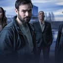 The cast of Irish crime drama Kin, which is on BBC iPlayer now. From left, Amanda Kinsella (Clare Dunne), Michael Kinsella (Charlie Cox), Eamon Cunningham (Ciaran Hinds), Frank Kinsella (Aidan Gillen)  (Picture: BBC/Headline Pictures (Kin) Limited)