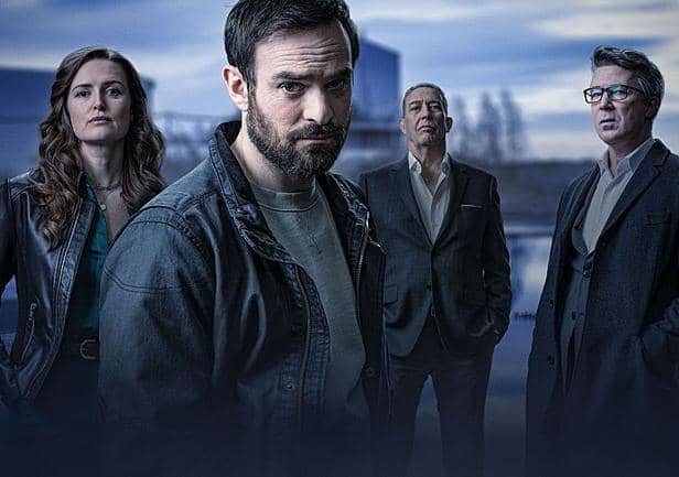 The cast of Irish crime drama Kin, which is on BBC iPlayer now. From left, Amanda Kinsella (Clare Dunne), Michael Kinsella (Charlie Cox), Eamon Cunningham (Ciaran Hinds), Frank Kinsella (Aidan Gillen)  (Picture: BBC/Headline Pictures (Kin) Limited)