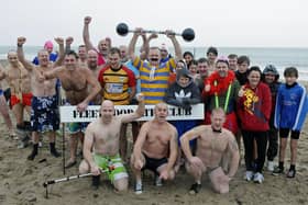 Fleetwood Kite Club's New Year's Day dip at Fleetwood's Marine Beach, on a previous occasion. Pictured front, left, is Phil Gibson.