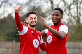 Squires Gate celebrate Ryan Riley's (left) goal against Irlam Picture: IAN MOORE