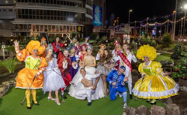 The cast of Cinderella the pantomime at Blackpool Pleasure Beach hit the attraction's adventure golf course