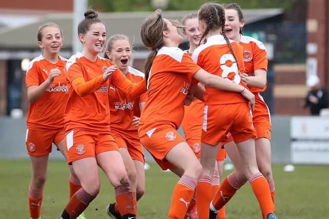 Blackpool FC Girls' Tangerines Under-13s celebrate at the LFA ground in Leyland