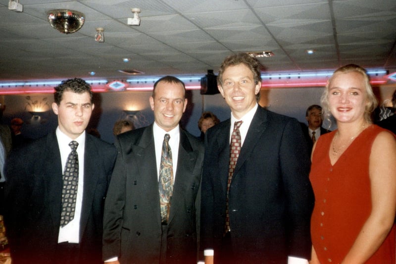Warren Pritchard (Rumours assistant manager)with DJ Dave Corner, Tony Blair and Joanne Olson (assistant manager) in 1998