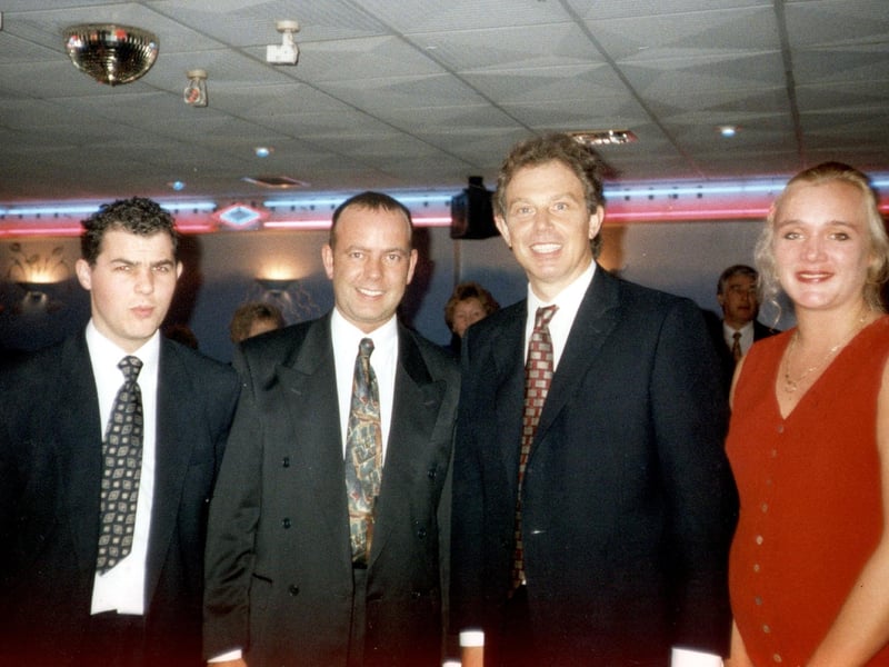 Warren Pritchard (Rumours assistant manager)with DJ Dave Corner, Tony Blair and Joanne Olson (assistant manager) in 1998