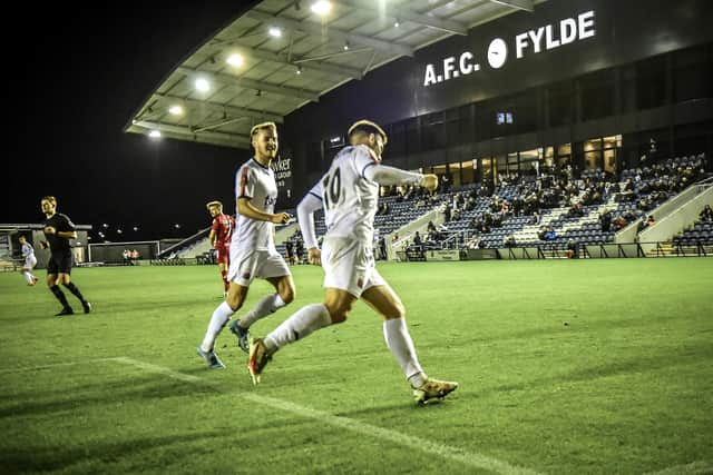 Nick Haughton celebrates completing Fylde's fightback with his second goal against Spennymoor  Picture: STEVE MCLELLAN