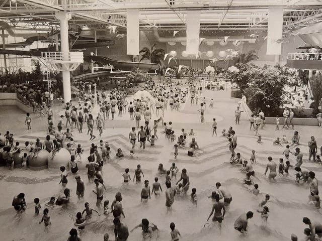 A packed Sandcastle in the late 80s. It has changed almost beyond recognition. The wave pool, two slides, terraces, palm trees and a constant temperature of 84 degrees was how it all started. Remember the exotic flamingos flying above?